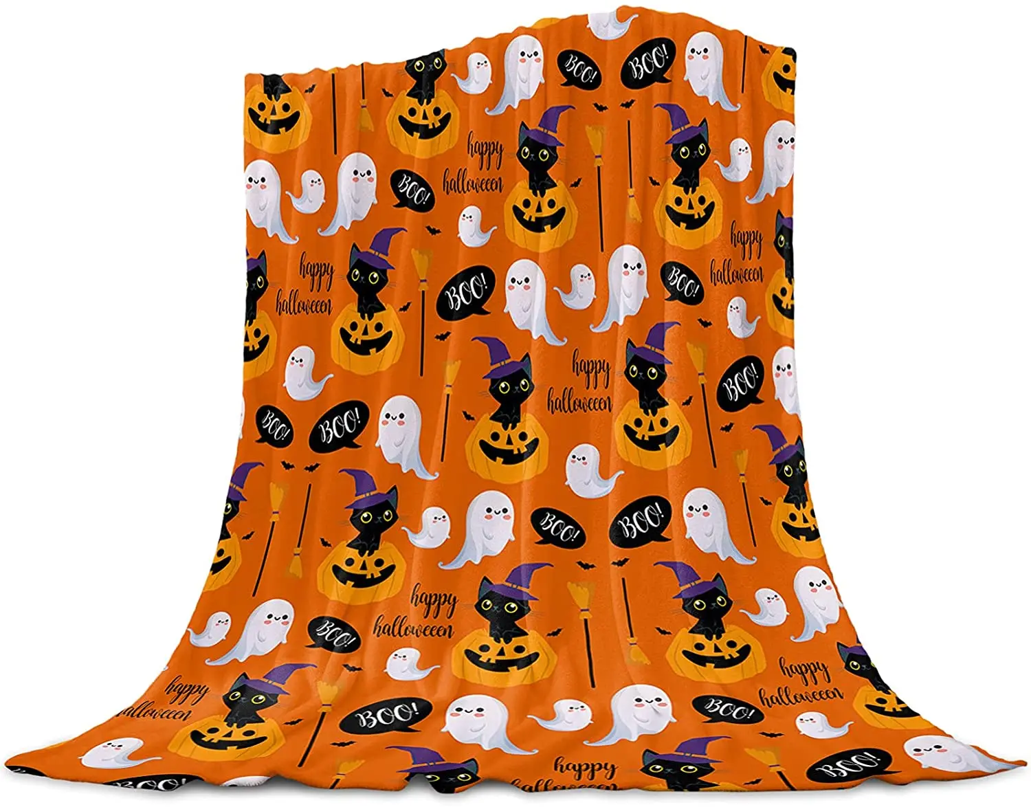 

Фланелевое Флисовое одеяло на Хэллоуин для дивана, кровати, дивана, тыквы, черной кошки, шляпы ведьмы, оранжевое мягкое и удобное искусствен...