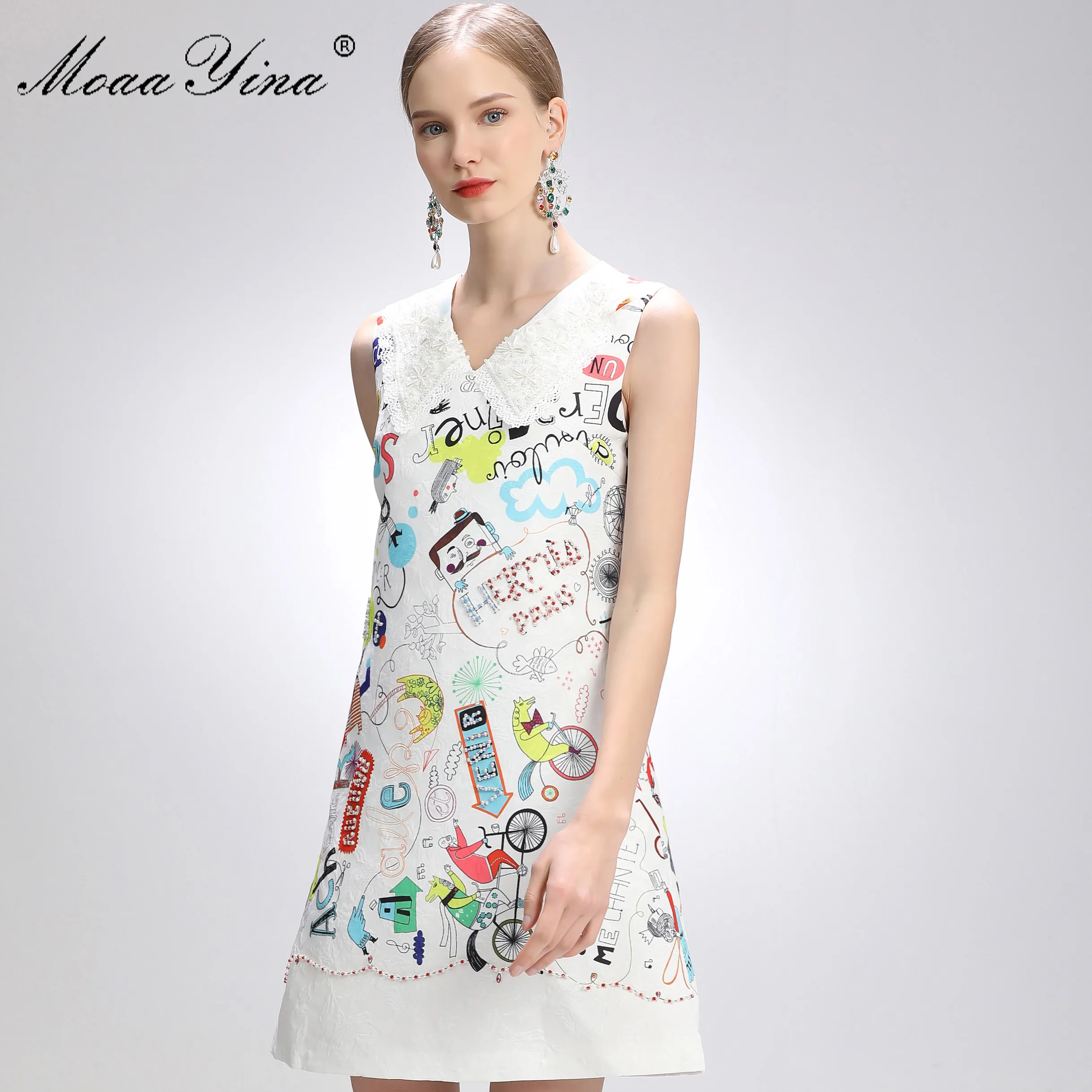 

MoaaYina Fashion Designer Dress Summer Women's dress V-neck Sleeveless Beaded Cartoons Print Short Dresses