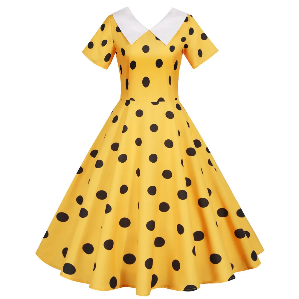 

Women Summer Dress Black Polka Dot Short Sleeve Turn Down Collar Casual Elegant Party Vintage Midi Sundress Robe Femme