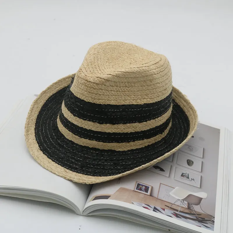 

202107-2509100 summer handmade raffia grass striped small brim classic fedoras cap men women panama jazz hat