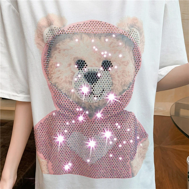 

Ladies T-Shirt Summer Diamond-Studded Bear Short Sleeve Top Pure Cotton Loose Cute Sweet Harajuku Streetwear Oversized T-Shirt
