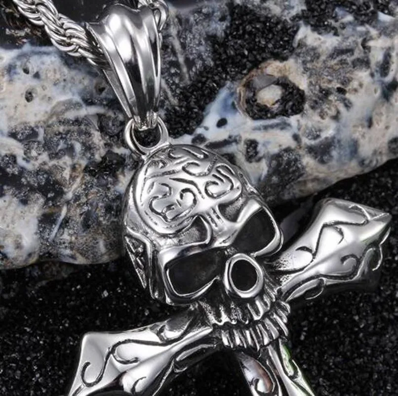 

Fashionable Mens High Quality Alloy Skull Cross Pendant Necklace Retro Punk Rock Party Jewelry