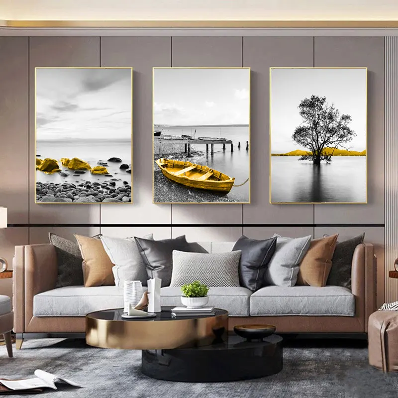 

Золотистый пейзаж в стиле ретро, настенный постер на холсте в скандинавском стиле, лодка, дерево, озеро, Современное украшение для дома, карт...