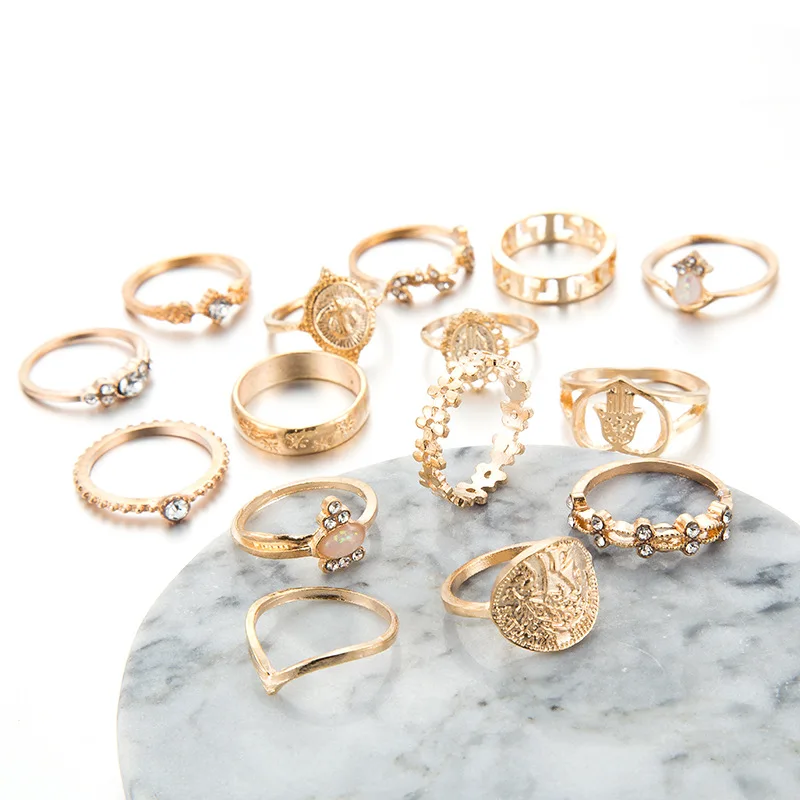 

Women Fashion Rings Hearts Star Snake Geometry Crystal Joint Gold Ring Set Personality Lady Wedding Jewelry