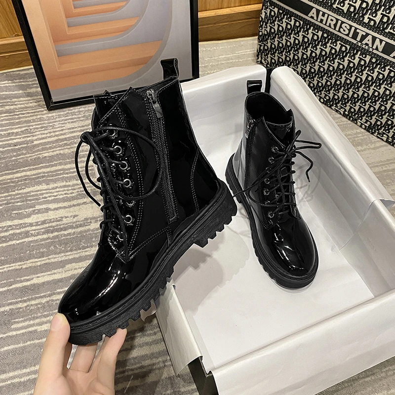 

Botas De Mujer 2021 Winter Motocyle Women Platform Boots Hoof Heels Pu Leather Zipper Ankle Boots High Top Waterproof Boot Shoes