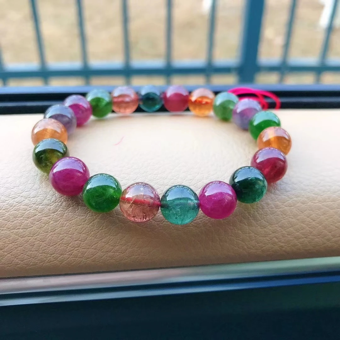 

Genuine Natural Colorful Tourmaline Colorful Bracelet Clear Round Beads 10mm Women Men Fashion Rare Crystal Jewelry AAAAAA