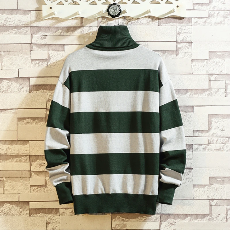 

Turtleneck Sweaters Men Knitted Mens Striped Casual Sweaters High Neck Knitwear Sweater Tops Fashion Loose Pullovers Men Clothes