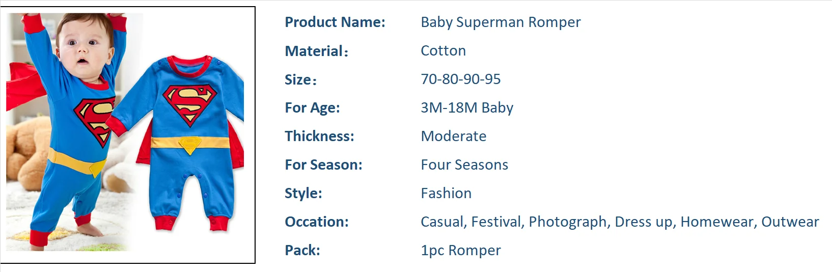 Superman Romper Costume With Removable Cape Fashion Baby Superhero Jumpsuit Infant Toddler Superboy Batman Onesie Multi 3-18M