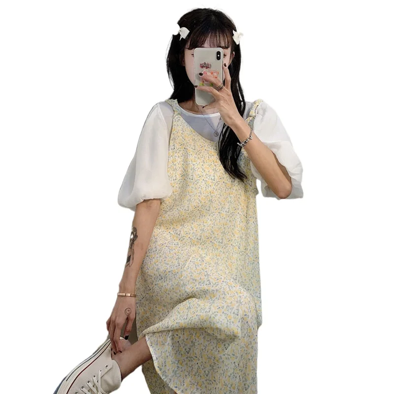 

Summer French Strap Women's Long Floral Skirt Lady Super Fairy Mori Style A- line Dress First Love Small