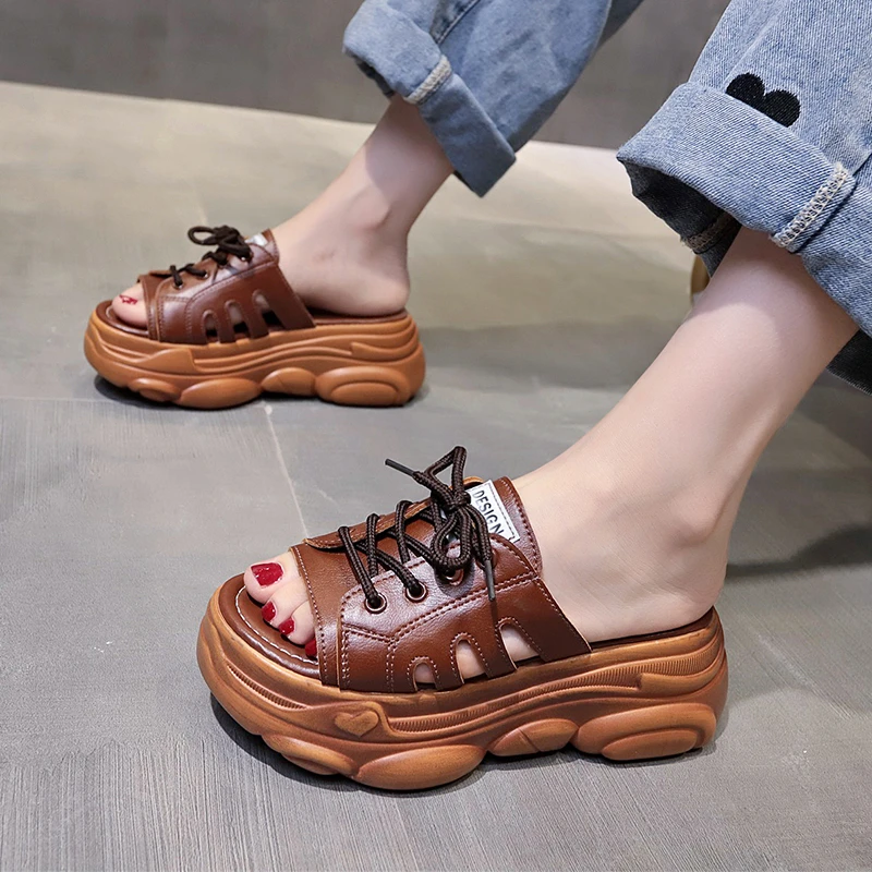 

New Women's Slippers 2021 Fashion Thick-soled Trend All-match Vamp Lace Casual Open-toed Outdoor Women's Slippers
