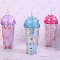 420ml creative cute alpaca straw cup double layer plastic water cup diamond shaped lid reusable straw water bottle drinkware
