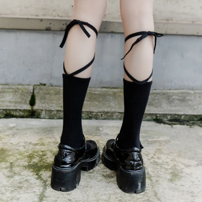 

New Cute Lace-up Sexy Lolita Female Stockings Spring and Summer Thin Student Black and White Calf Stockings Harajuku Trend Fun