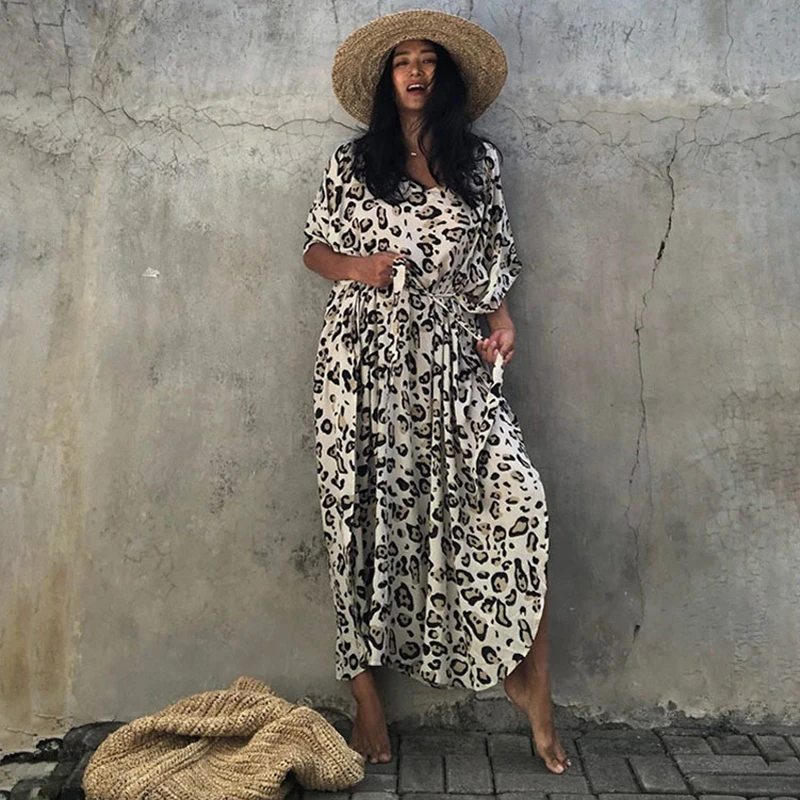

Leopard Print O Neck Sashess Long Cover Ups Women's Swimming Robe Beachwear