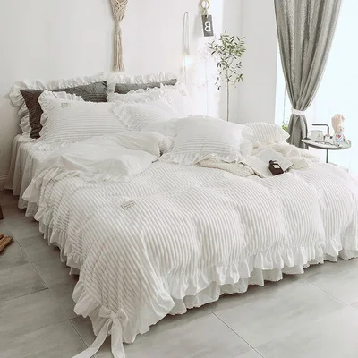 

Однотонные Роскошные комплекты постельного белья из ворсовой Ткани в стиле принцессы королевский комплект с пододеяльником и юбкой компле...