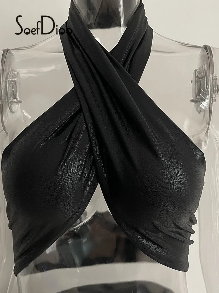 

Soefdioo PU Faux Leather Cross Halter Bra+Drawstring Irregular Mini Skirt 2 Piece Set Women Outfits Summer 2021 Party Clubwear