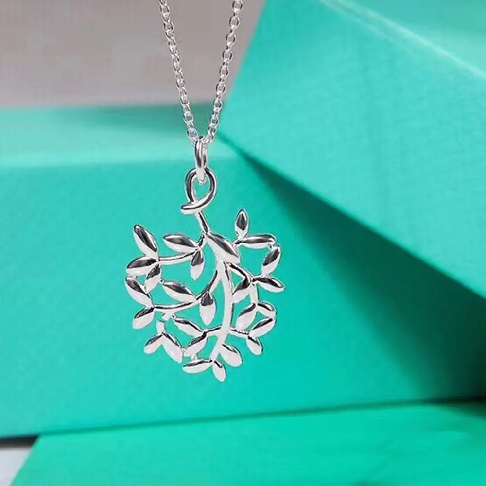 

AYBS Real 925 Necklaces High quality TIF Original1:1LOGO "hollow olive branch leaf pendant" Necklaces woman