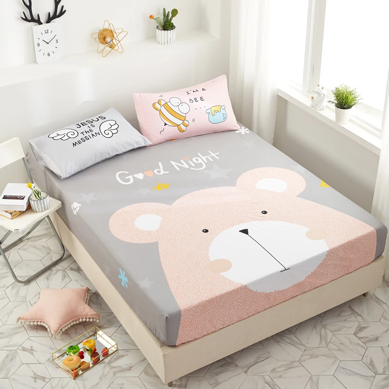 Liv-Esthete Cartoon Bear 100% Cotton Fitted Sheet Star Mattress Cover Bed Linen On Elastic Band Queen King For Adult | Дом и сад