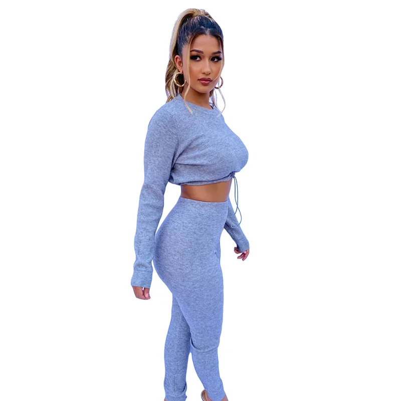 

Solid Color Casual High Waist Sexy Long Sleeve Top Wide Leg Pants Women Suit Autumn New Style Two Piece Set