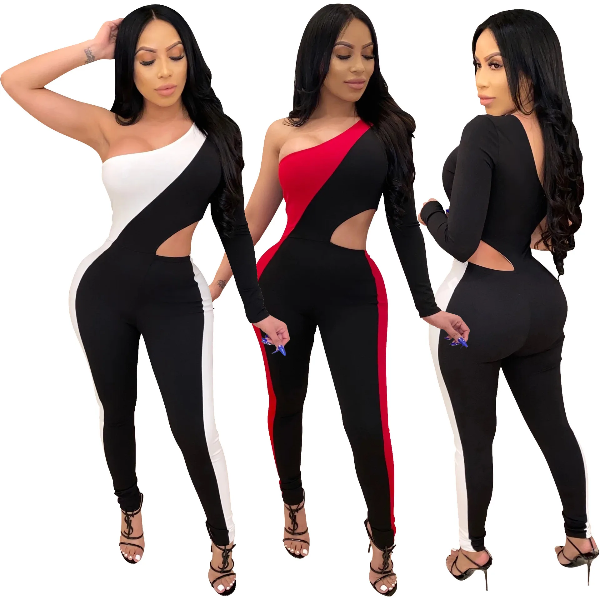 

Hot Recommend Style Contrast Color Patchwork Hollow-out Skinny Long Jumpsuit Sexy Casual Women One Shoulder Women's Romper