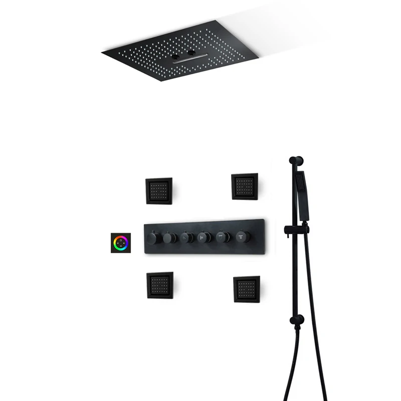 저렴한 럭셔리 샤워 시스템 16 인치 비 샤워 헤드 욕실 수도꼭지 폭포 LED 샤워 세트 목욕 온도 조절 믹서 블랙/크롬 구매 럭셔리 샤워 시스템 16 인치 비 샤워 헤드 욕실 수도꼭지 폭포 LED 샤워 세트 목욕 온도 조절 믹서 블랙/크롬