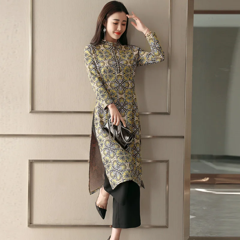 

National style printed dress autumn 2018 new women's long women's spring Chinese style socialite temperament skirt