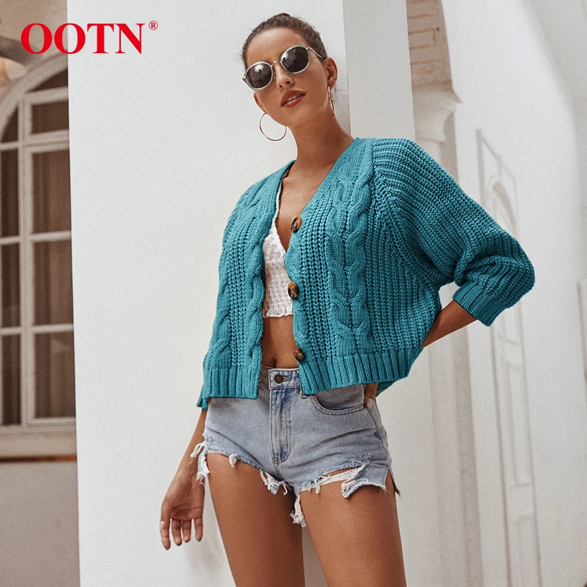 OOTN однобортный вязаный крючком пуговицы для кардигана короткий зимний женский свитер с длинным рукавом Повседневная Верхняя одежда свитер пальто