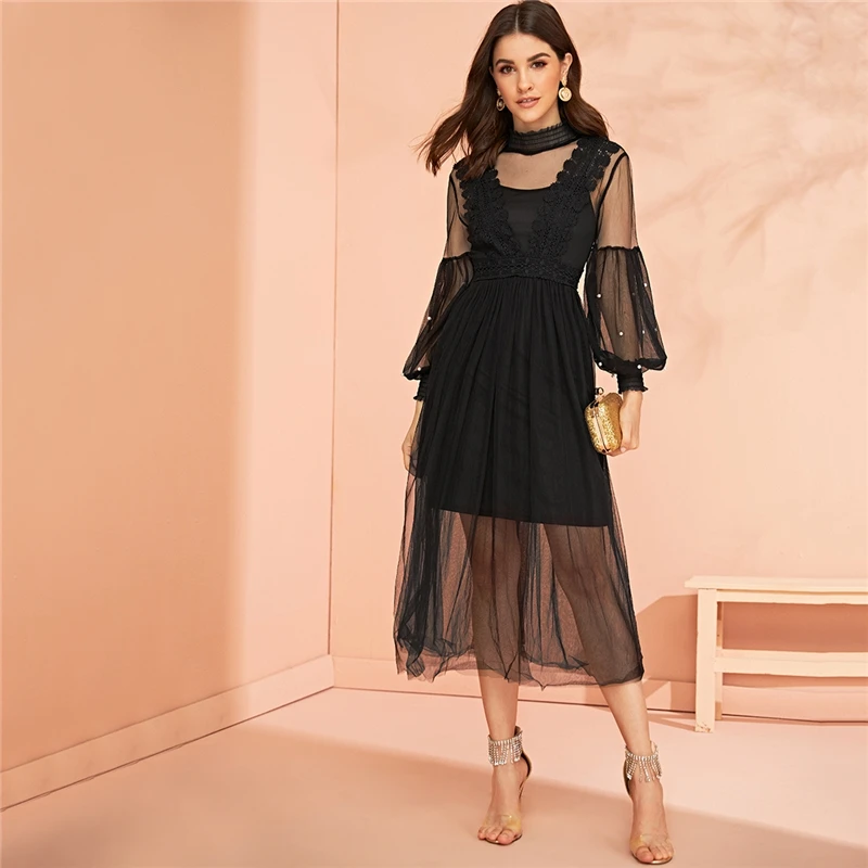 SHEIN Прозрачное Сетчатое Платье С Оригинальным Рукавом И Бусинами Нарядное Вечернее Платье На Бретельках С Открытой Спиной