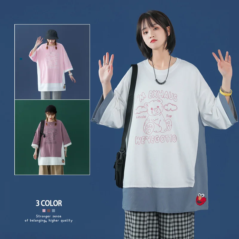 

HENCHIRY New Summer Fashion Cartoon Women's Short Sleeve T-shirt Breathable Neutral Top Couple Loose Half Sleeve Fake Two Pieces