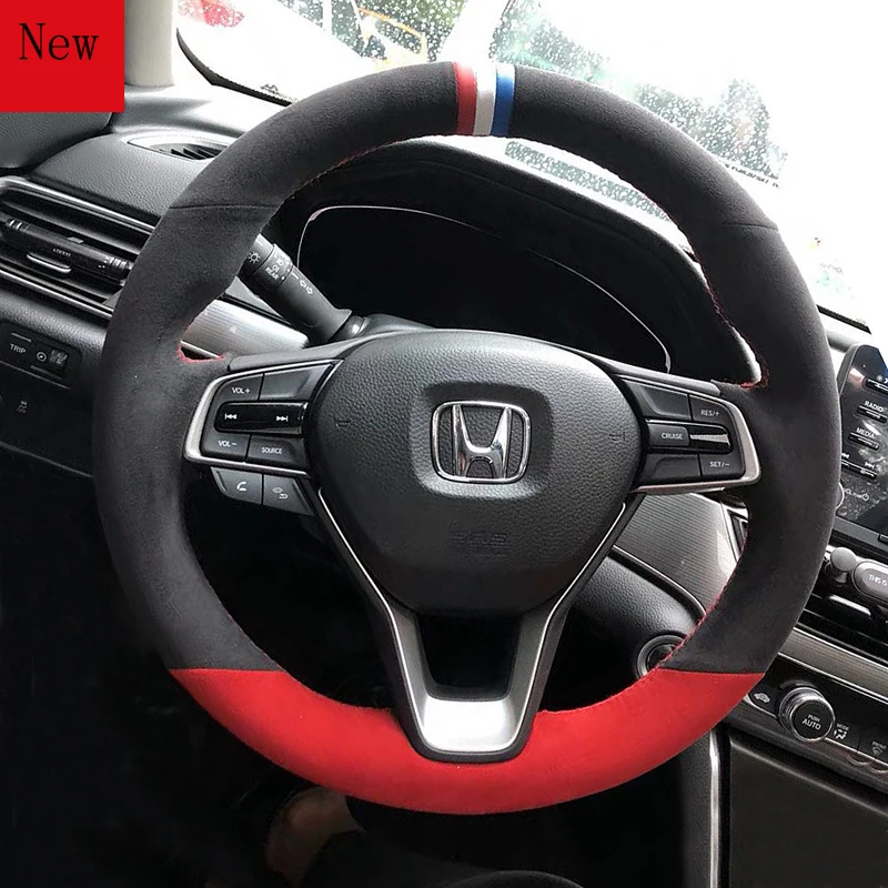 

Hand-Stitched Leather Suede Carbon Fibre Car Steering Wheel Cover for Honda 10 Generation Civic CRV Fit City Accord Xrv Jade