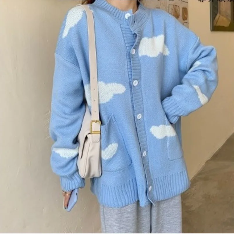 

Cardigan Women Knitwear Harajuku Japanese Kawaii Cloud Print Loose Blue Sweater Coat Spring Autumn Female Knitted Jacket Jumper