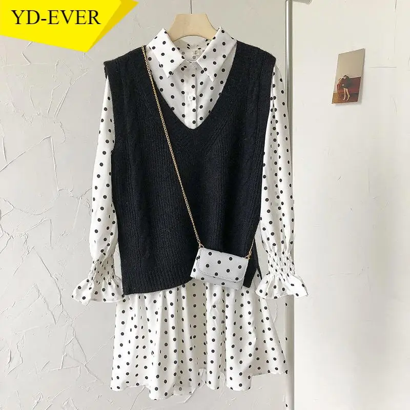 2021 верхняя одежда из двух частей для женщин весенняя в горошек платье с v-образным