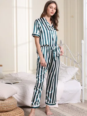 Daeyard Женская пижама Летняя шелковая рубашка на пуговицах с коротким рукавом и