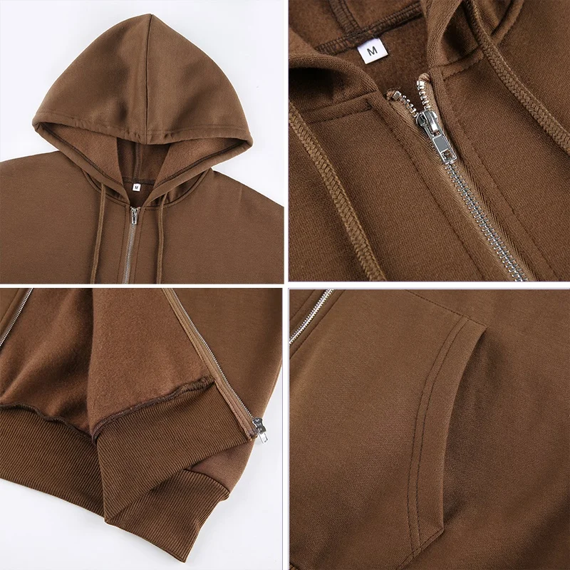 

Women Solid Brown Hoodies Fashion Zipper Harajuku Oversized Sweatshirts Casual Long Sleeve Vintage Pockets Hooded Jackets