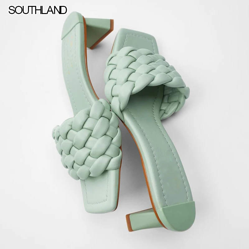 

SOUTHLAND летние плетеные женские шлепанцы без задника с открытыми пальцами, на не сужающемся книзу массивном каблуке с квадратным носком без ш...