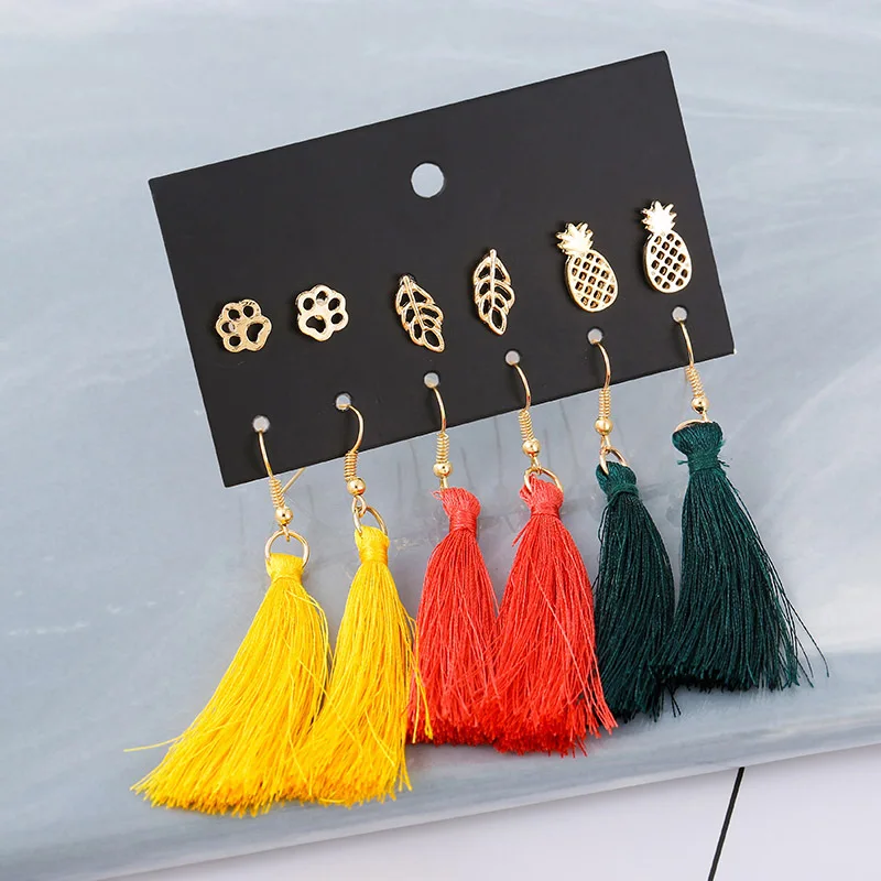 Набор серег в виде листьев из ананаса 6 парт/УП. длинные красочные серьги богемном