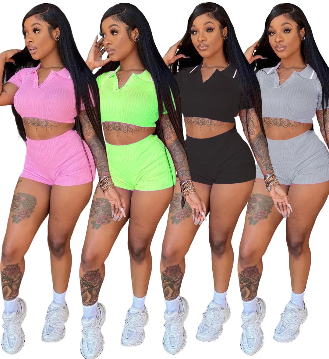 

2 Piece Sets Womens Outfits Polo Collar Oversized HoodiesWomen Shorts Set Women Rib Solid Color Sweatshirt Slim Top Short Sleeve