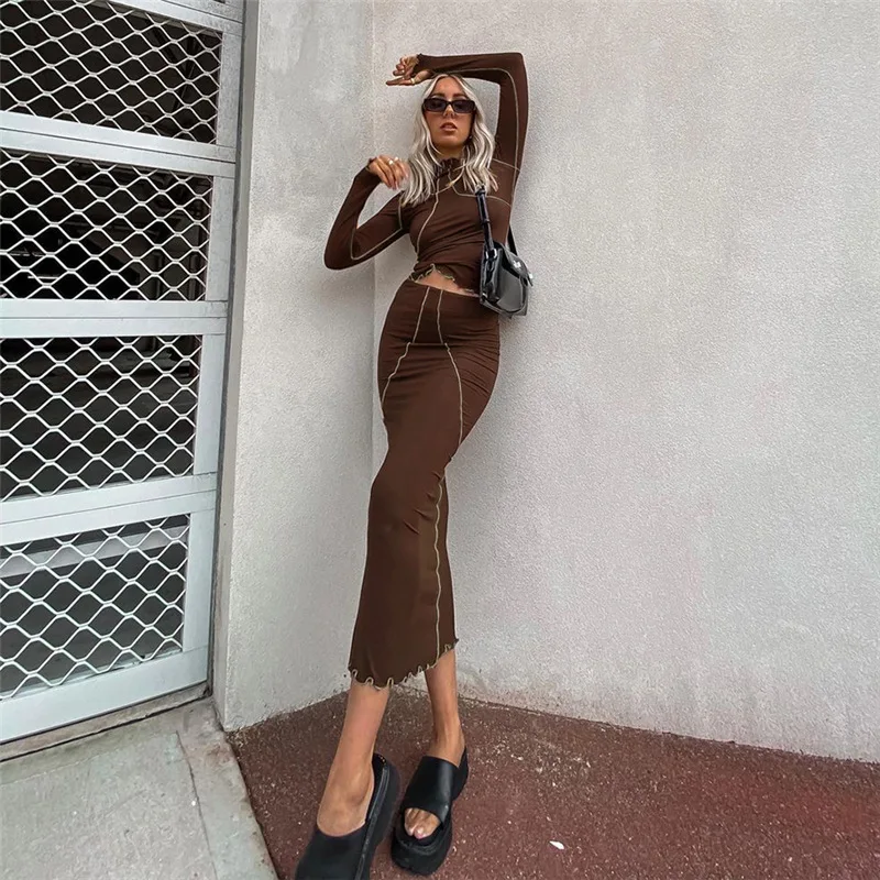 

Ruffles 2 Pieces Set Women Tops+Midi Skirts Matching Sets Brown Tracksuits Long Sleeve Autumn 2021 New Fashion Vintage Ladies