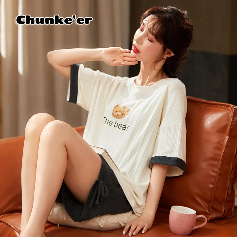 

Pajamas Women Summer Short Sleeve Shorts Cotton Summer Women Korean Student Home Clothes Lovely Cartoon Suit Cotton pajama set