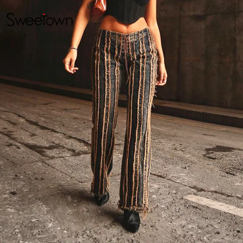 Sweetown Винтаж 90s эстетическое джинсы с бахромой для Для женщин низкая наивысшего