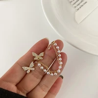 korean elegant asymmetrical rhinestone butterfly stud earrings for women girls fashion pearl chain ear cuff earrings jewelry