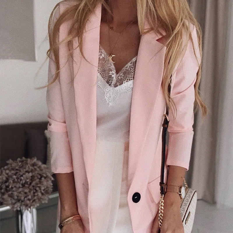 Pink Длинный рукав, карманы, Женская куртка, Блейзер, плюс размер, 5XL, однотонный, элегантный, для офиса, женские блейзеры, Mujer, осенние женские куртки - Цвет: Pink