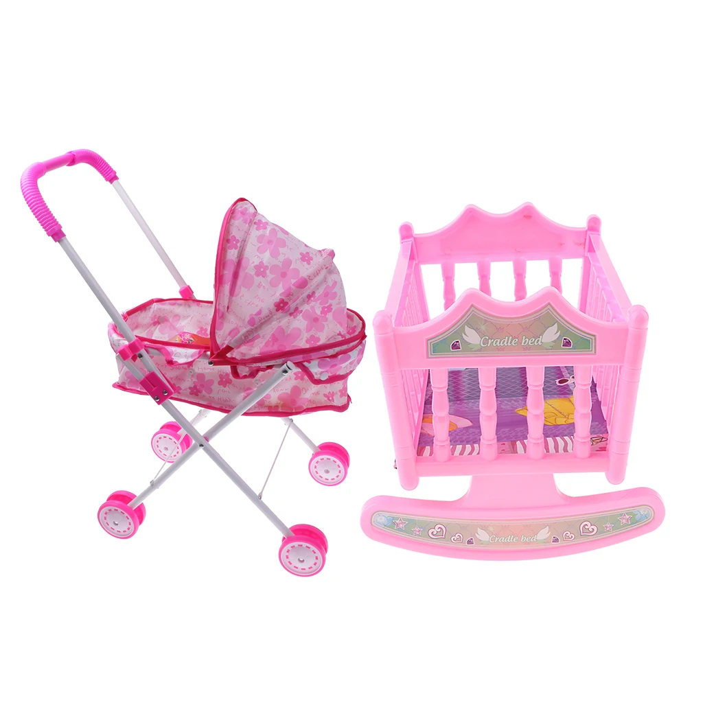 Розовая кукольная коляска пластиковая и детская кроватка миниатюрная для куклы