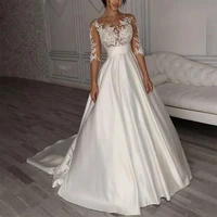 bride gown for woman illusion a line bow sashes bridal gowns o neck satin appliques half sleeves wedding dresses robe de mari%c3%a9e