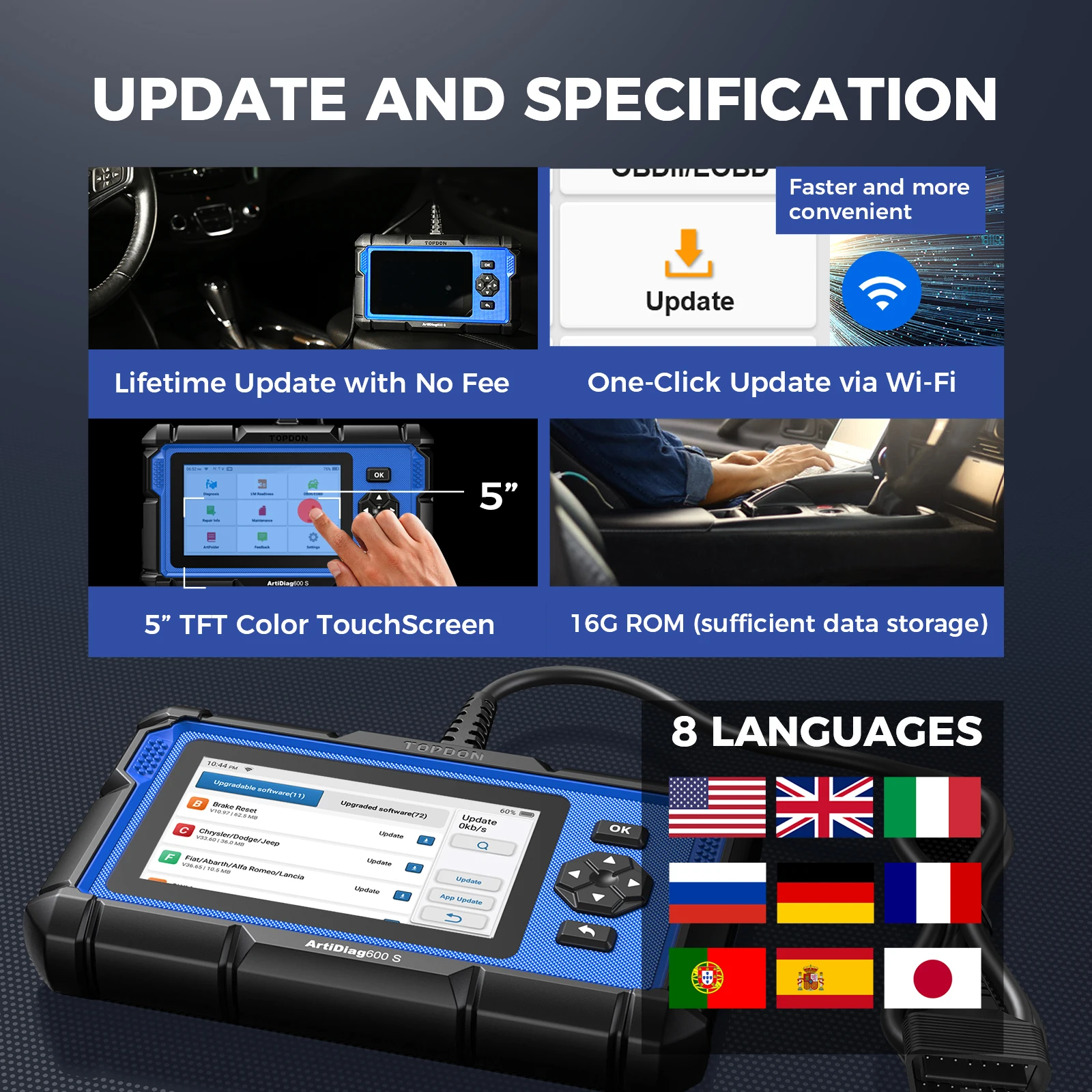 Автомобильный диагностический сканер TOPDON ArtiDiag600S OBD2 прибор для диагностики ABS SRS