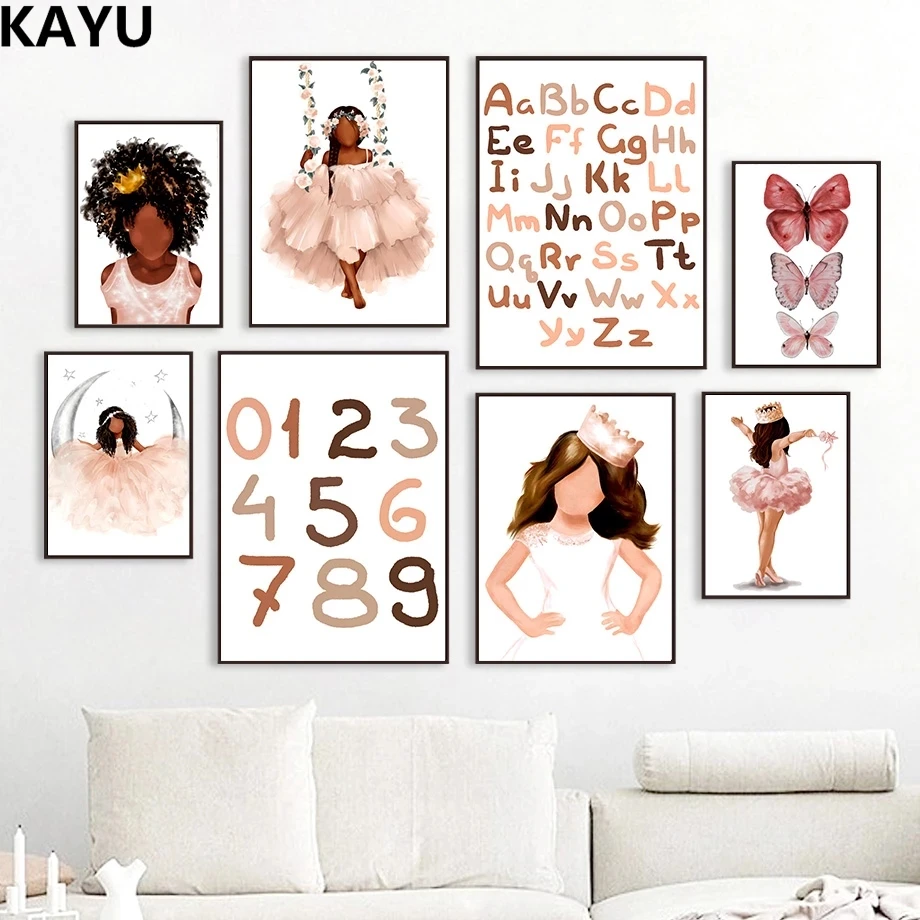 

Black Girl Princess Butterfly Alphabet Numbers Wall Art Canvas Painting Nordic Posters And Prints Wall Pictures Kids Room Decor