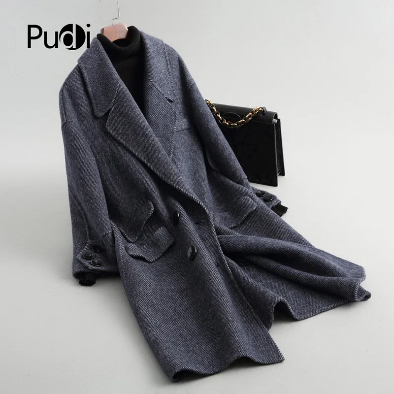 

PUDI A38041 Women Fall/Winter New Fashion Wool Herringbone Jacket Lady's Long Style Pocket Leisure Wool Coat