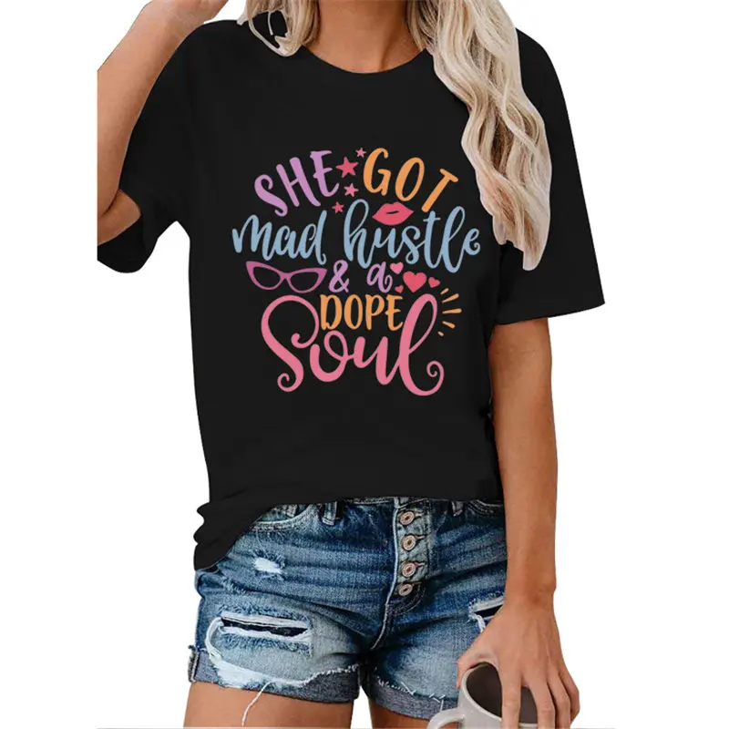 

Women She Got Mad Hustle Dope Soul Top Letters Ladies Aesthetic Tee Casual Slogan Floral Short Sleeve Trendy T-Shirt