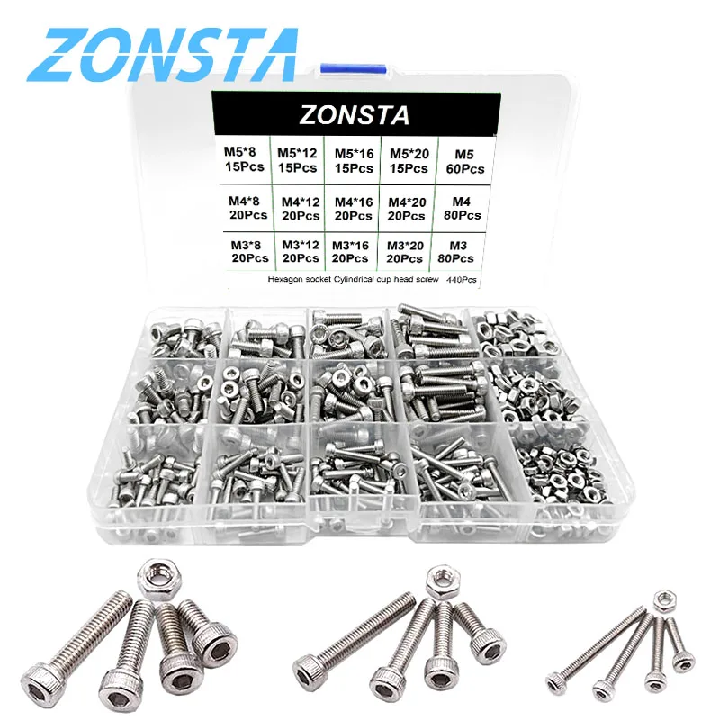 

440pcs Hexagon Hex Socket Cup Head M3 M4 M5 Bolts and Nuts Combination 304 Stainless Steel Allen Screws Kit Assortmens