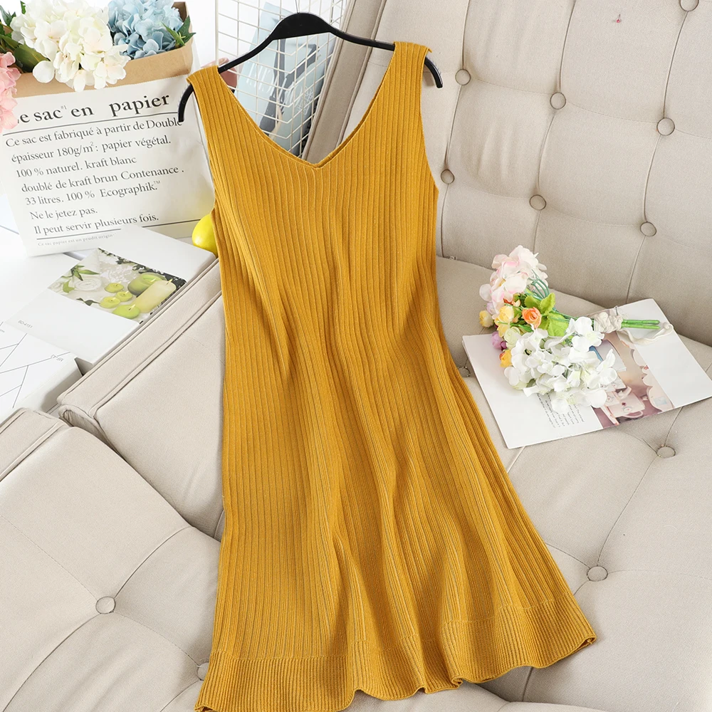 SINGRAIN женское Полосатое трикотажное платье + вязаный свитер с пышными рукавами