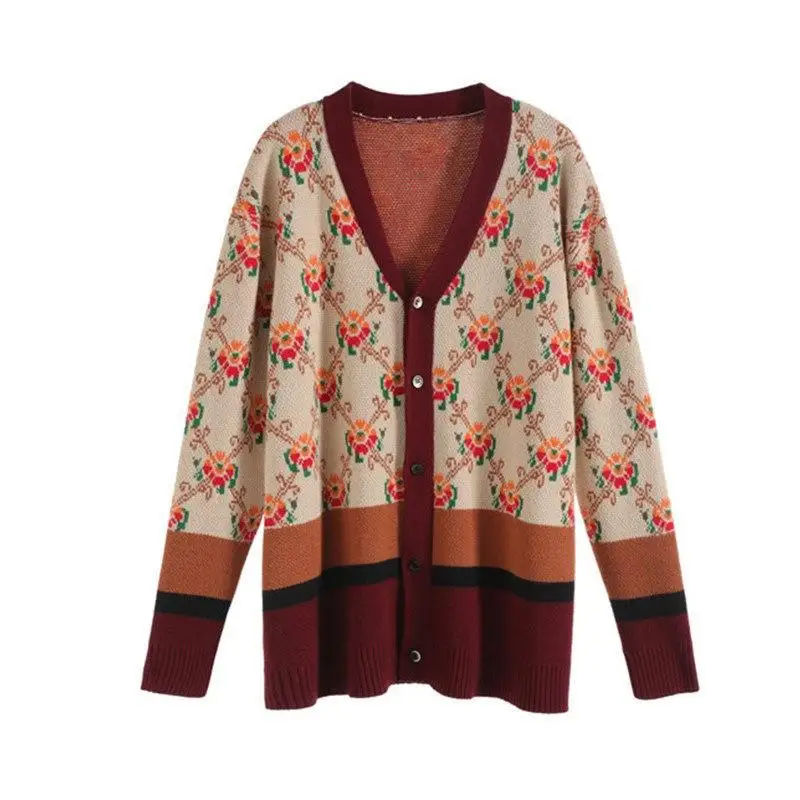 

National style retro ladies style sweater jacket women 2021 spring and autumn net red loose lazy style sweater temperament girls